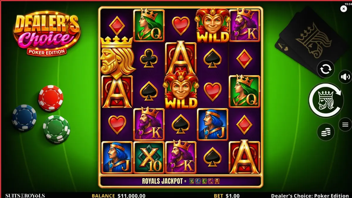 Tampilan visual meja kasino hijau dalam slot Dealer’s Choice: Poker Edition